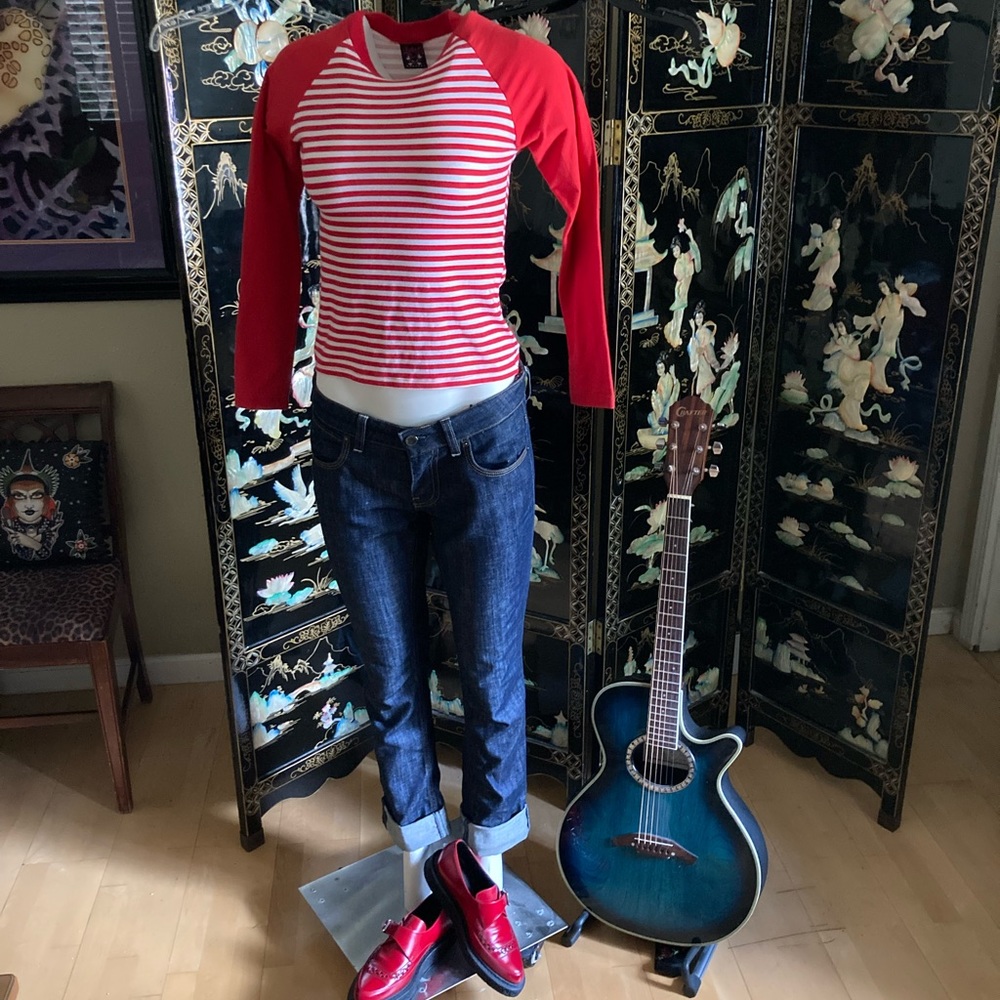 Lucky 13 vintage striped punk rock T shirt red white sailor small new S M long